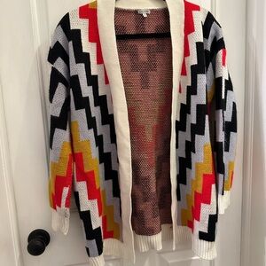 En Creme Red and Black Geometric Cardigan Sweater